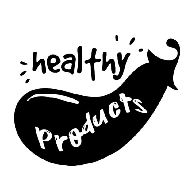 Black and white graphic of an eggplant with "healthy products" written on it.