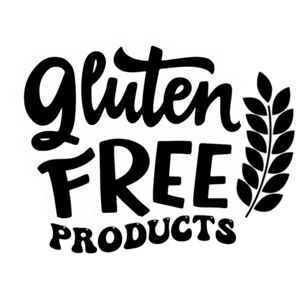 Black text on white background reads "Gluten Free Products" with a wheat stalk graphic.